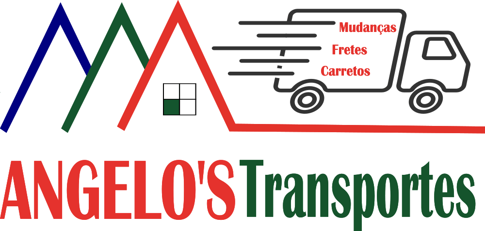 Logo de Angelos Transportes tres triangulos nas cores azul, verde e vermelho seguido de um icone de caminhão de carga pequeno