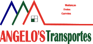 Logo de Angelos Transportes tres triangulos coloridos seguido de um icone de caminhão de transporte branco com as letras Angelos Transporte logo abaixo